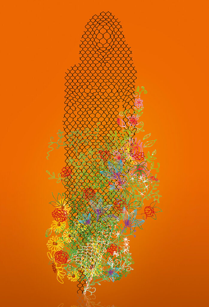 EInladungsmotiv – Maschendraht formt die Silhouette einer Frau. Über den Maschendraht ranken sich bunte Blumen empor.