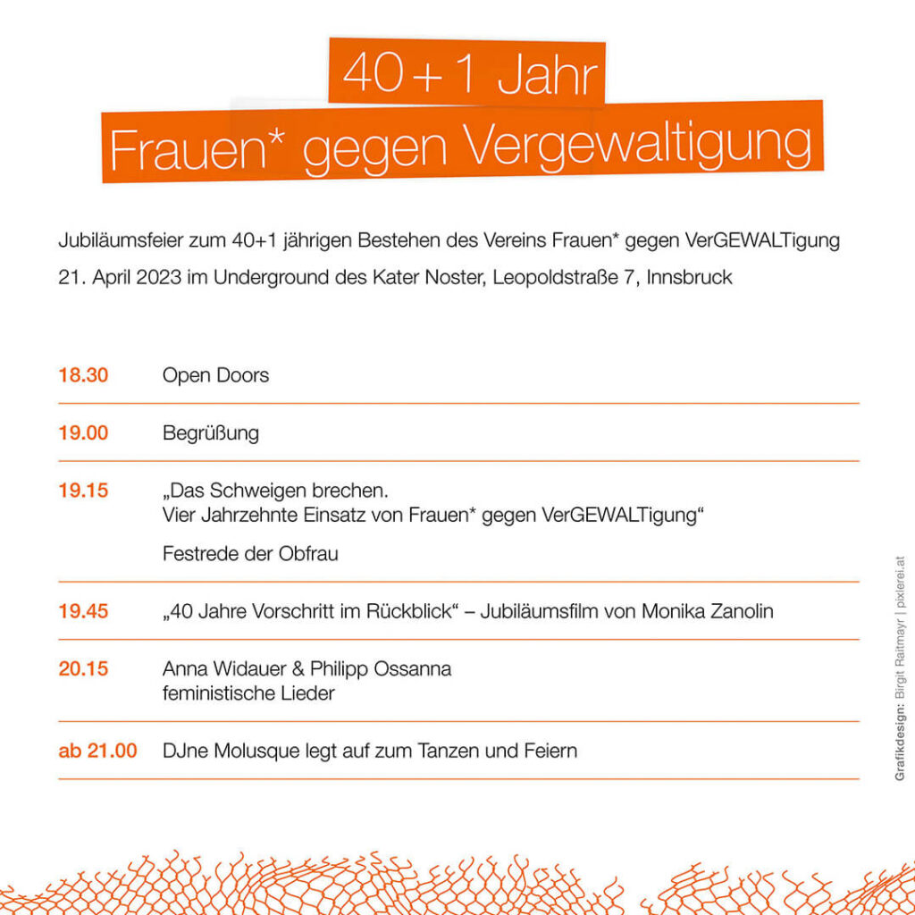 Programm der Jubiläumsfeier mit Festrede der Obfrau, Film „40 Jahre Vorschritt im Rückblick“ von Monika K. Zanolin, Musik von Anna Widauer & Philipp Ossana und DJne Molusque